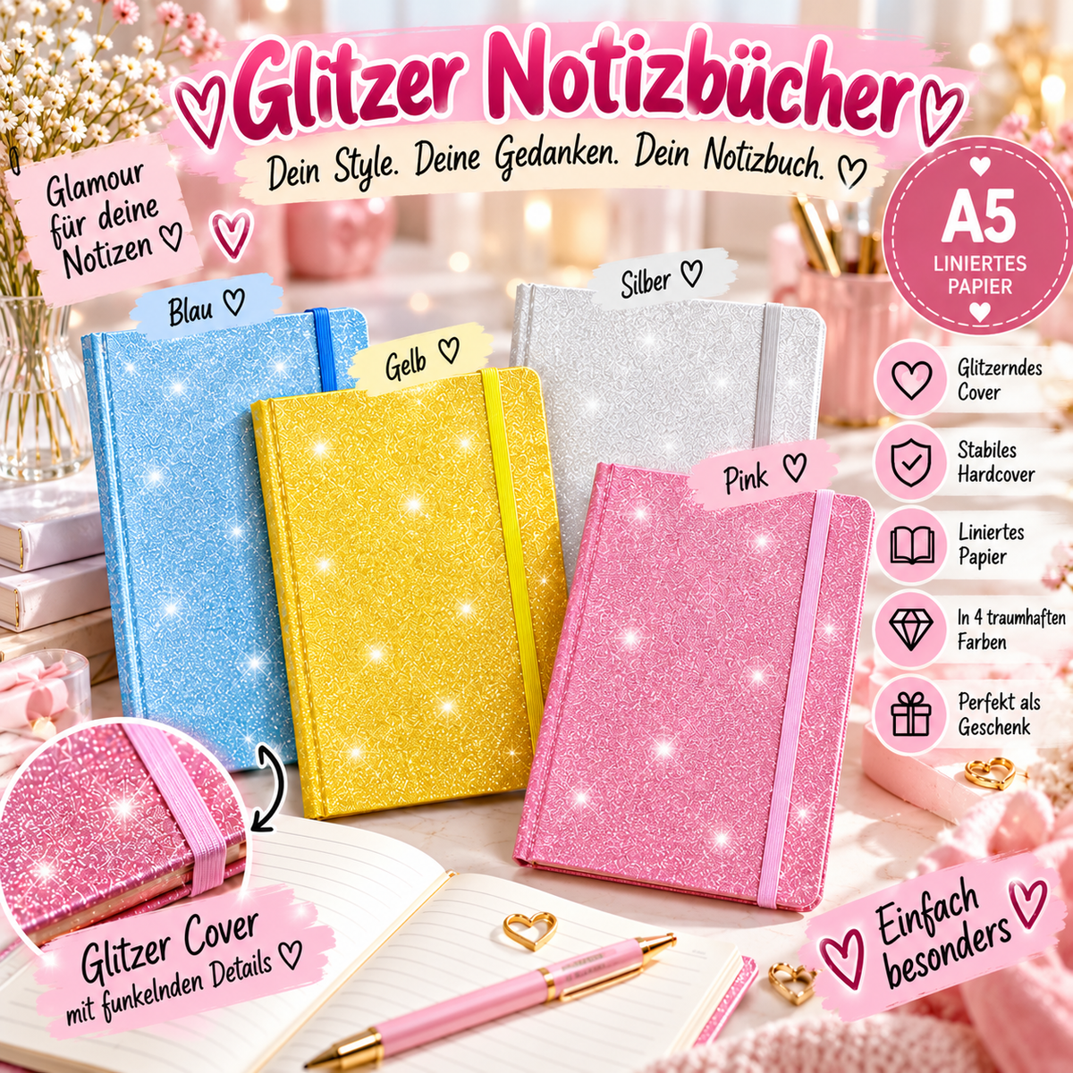 Personalisierbare A5 Glitzer-Notizbuch – verschiedene Farben