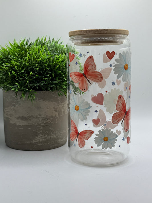 Trinkglas "Schmetterlinge mit Gänseblümchen" 16oz (473ml)